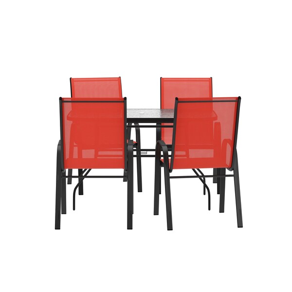 Flash Furniture Brazos 5 Piece Patio Dining Set w/Tempered Glass Patio Table w/4 Chairs w/Red Seats and Backs FV-120B-303CRD-GG - main
